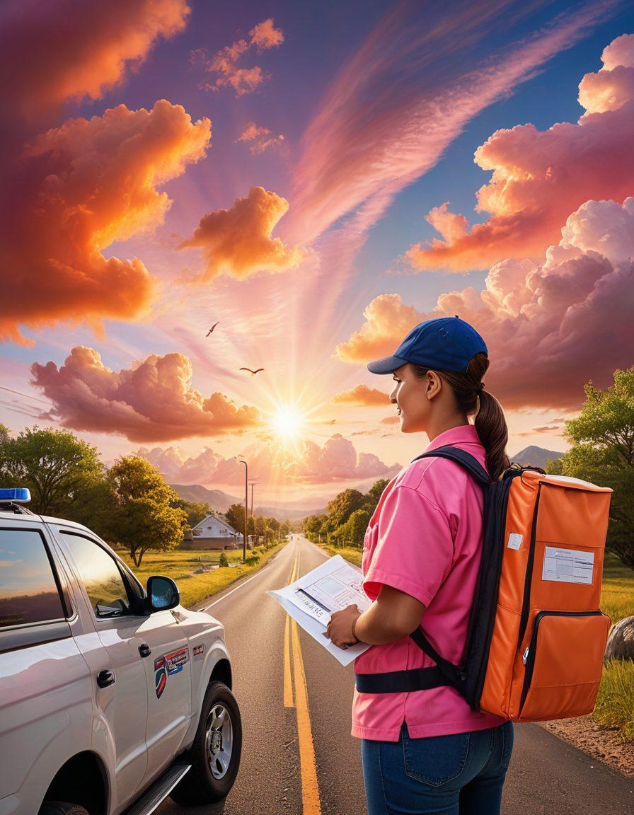 A determined mail carrier standing confidently in front of a bright future, symbolized by an open road leading towards a sunrise. The scene includes symbolic elements like letters flying in the air, a toolbox filled with essential tools for success, and motivational words like 'Dedication' and 'Growth' subtly integrated into the sky. The atmosphere is optimistic and encouraging, inspiring viewers about postal careers. super-realistic. vibrant colors. dynamic perspective.