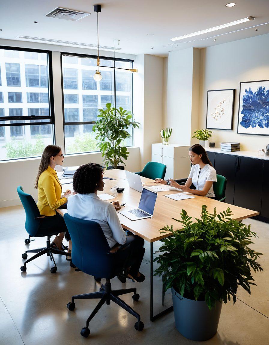 A diverse group of people working together in a modern office setting, reviewing resumes and discussing career paths, with postal service icons subtly integrated in the background. Include elements of growth, such as a plant symbolizing career advancement. Warm, inviting colors that convey optimism and teamwork. inspiration. vibrant colors. 3D.