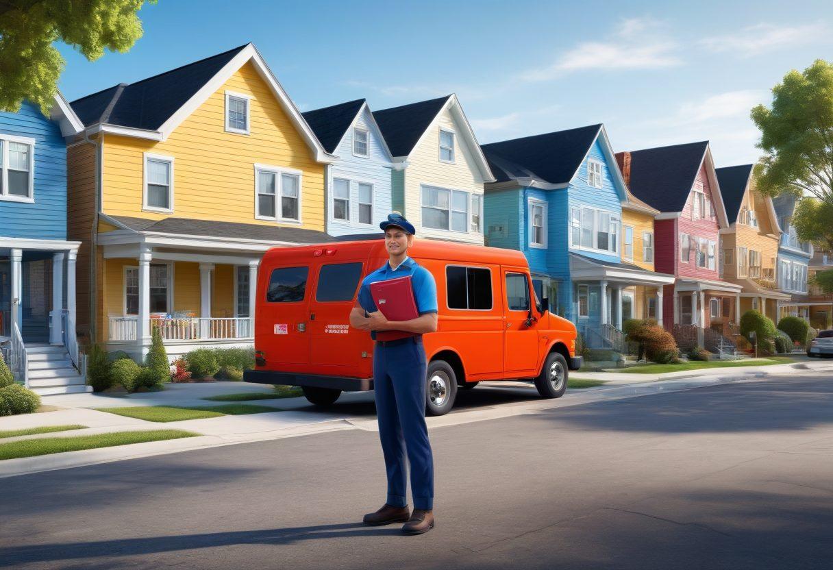 A dynamic scene showing a confident mail carrier standing in front of a postal truck with a backdrop of a bustling suburban neighborhood. Include essential tools like a satchel filled with letters and a clipboard, while illustrating a diverse group of applicants engaging in a mock interview nearby. Bright blue skies and cheerful neighborhood houses add a welcoming touch. super-realistic. vibrant colors. 3D.